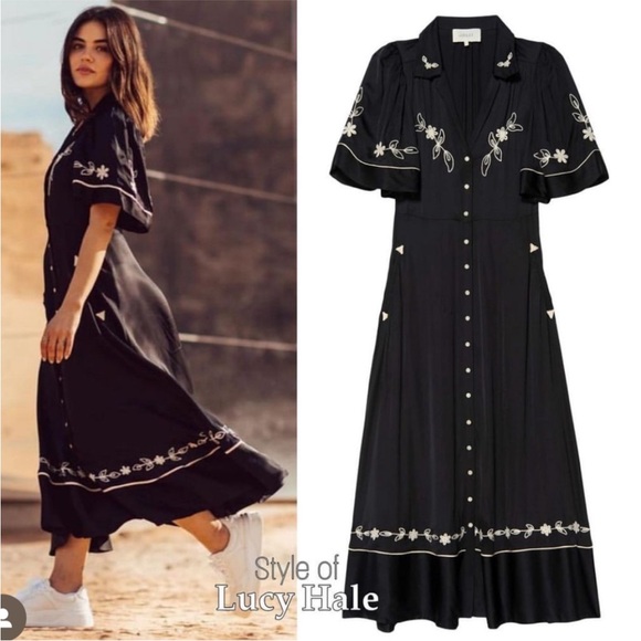 The Great. The Western Bridge Embroidered Satin Midi Dress Black Small Size:1 - Picture 16 of 16